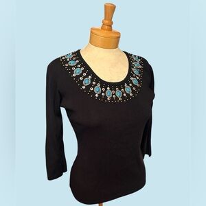 vintage Joseph A. black knit top with beaded + turquoise embellishments
